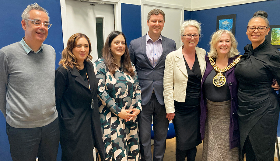Pictured left to right are: L-R, Andy Donald, Haringey Council’s Chief Executive, Cllr Ajda Ovat, Cabinet Member for Communities, Cllr Peray Ahmet, Leader of Haringey Council, Dan Rogers, CEO Public Voice, Deborah King, Mind in Haringey, new Mayor Cllr Sue Jameson, Lynette Charles, CEO Mind in Haringey.