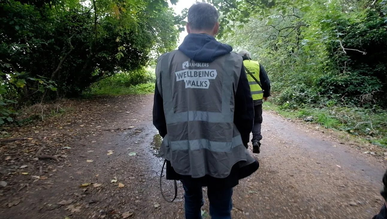 The back of the leader of a wellbeing walk
