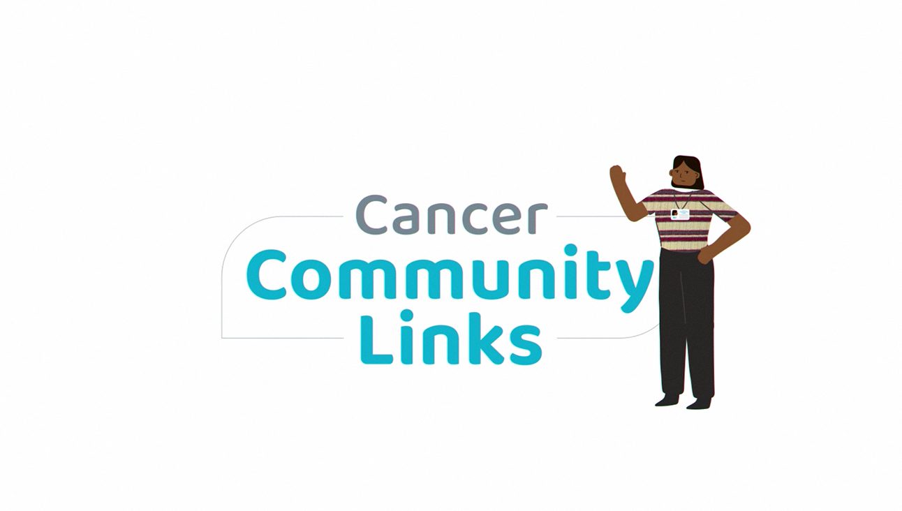 A title reading 'Cancer Community Links' with an animated black woman standing next to it