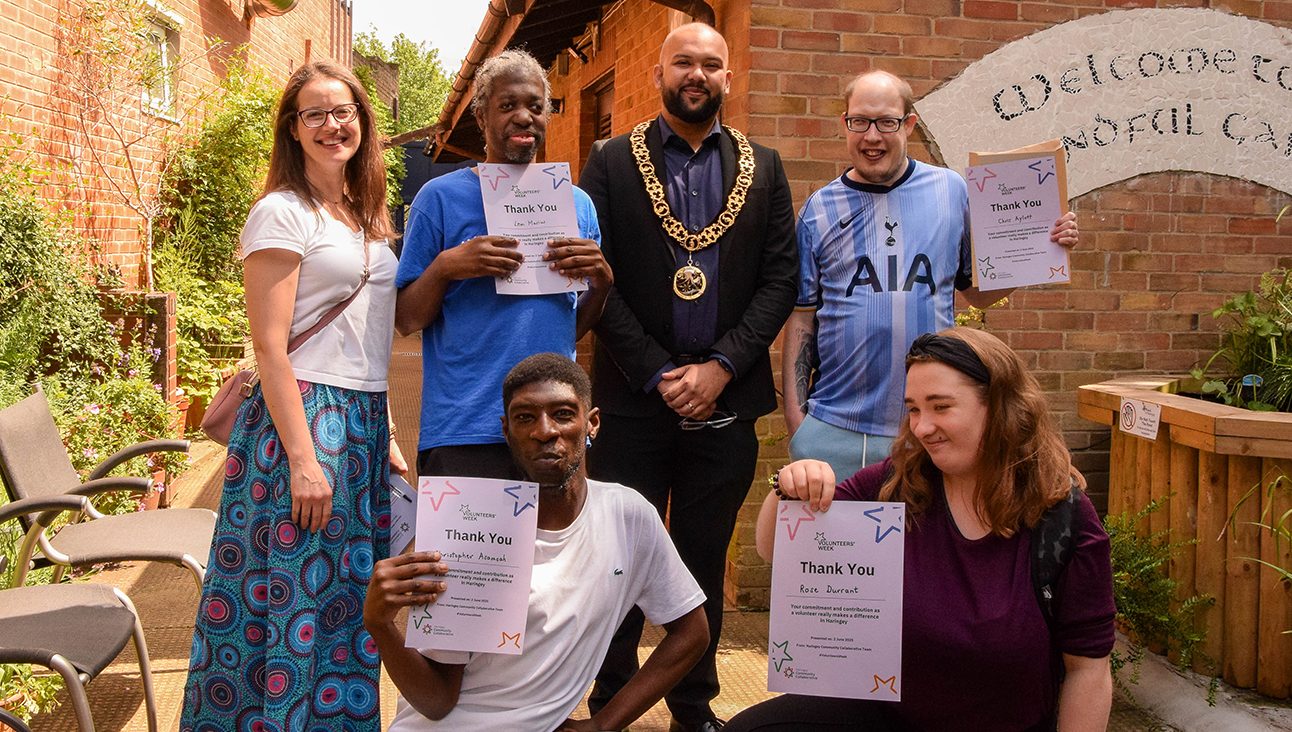 The Mayor of Haringey posing with some of the volunteers who won a certificate