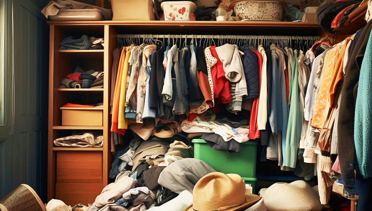 A messy bedroom with clothes om the floor and hanging up on a rack. This is an AI generated image.